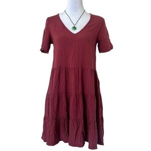 Roxy‎ Tiered Dress Womens XS Burgundy Boho Short Sleeve V-Neck Mini Dress Summer